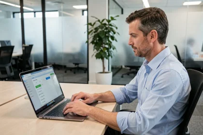 Employé de bureau accédant à l'interface d'administration de sa Freebox depuis son lieu de travail via un ordinateur portable
