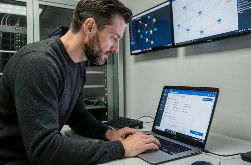 Administrateur IT masculin configurant des permissions d'accès utilisateurs sur un ordinateur dans une salle des opérations de sécurité informatique