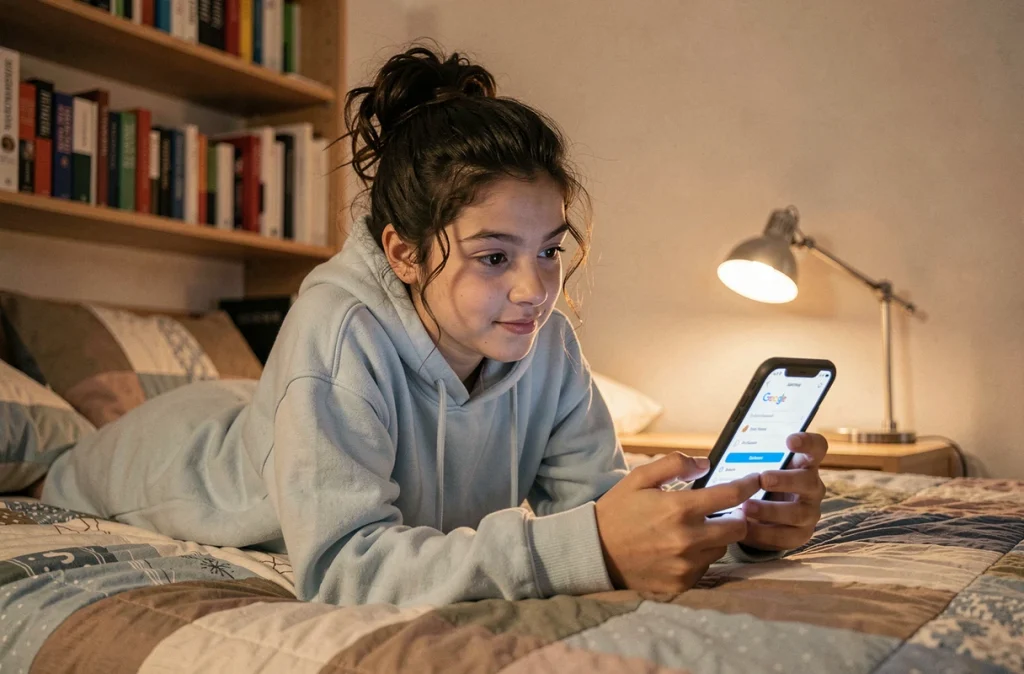 Adolescente consultant les paramètres de filtre SafeSearch Google sur smartphone dans sa chambre