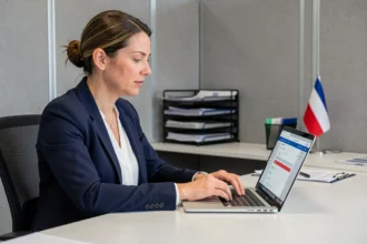 Agente de l'État utilisant Melanie 2 web sur son ordinateur portable dans un bureau administratif moderne