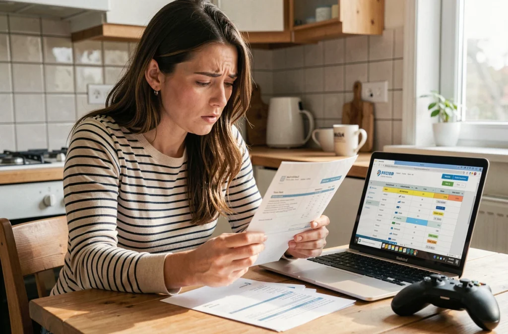 Femme analysant sa facture d'électricité avec une calculatrice de consommation gaming ouverte sur ordinateur portable, cherchant à estimer ses dépenses énergétiques
