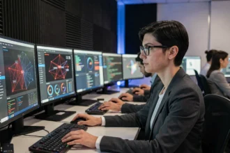 Analyste en cybersécurité surveillant des menaces en ligne sur plusieurs écrans dans un centre opérationnel moderne