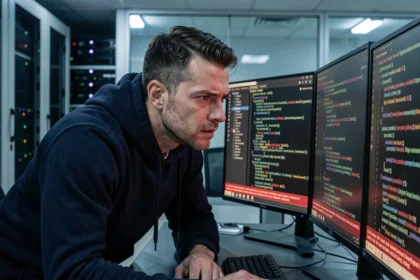 Analyste en cybersécurité surveillant des alertes de logiciels malveillants sur plusieurs écrans dans une salle de serveurs