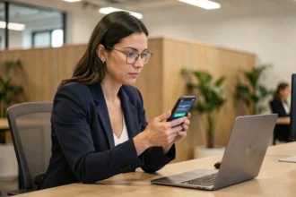 Femme professionnelle utilisant l'authentification à double facteur sur son smartphone dans un bureau moderne