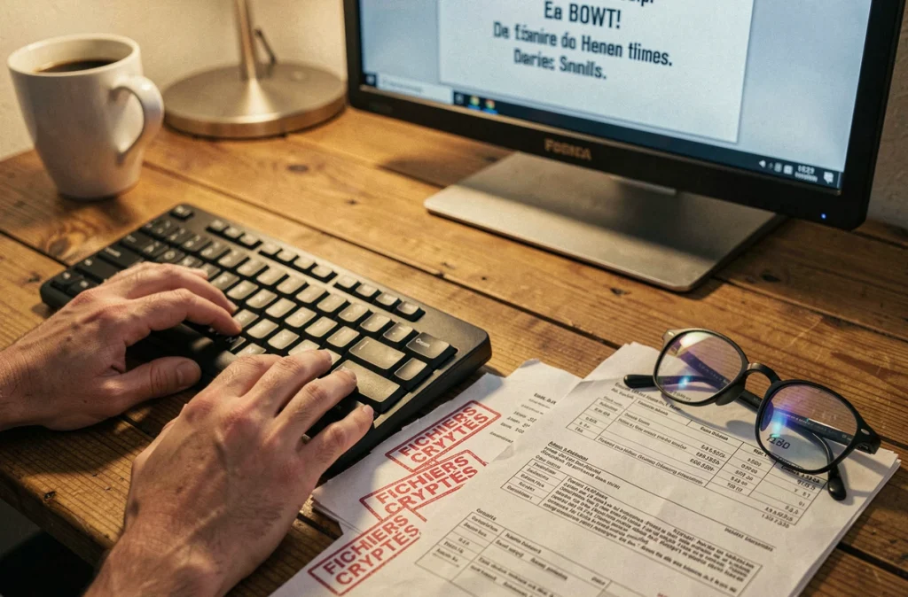 Bureau de PME française avec des documents marqués fichiers cryptés illustrant une attaque par ransomware