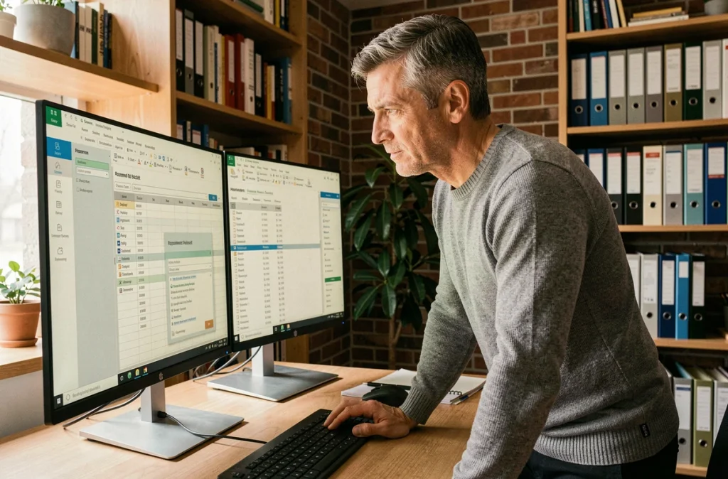 Homme en télétravail protégeant des fichiers bureautiques sensibles avec un logiciel de chiffrement