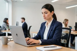 Femme professionnelle chiffrant des fichiers sensibles sur son ordinateur portable en open space