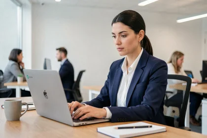 Femme professionnelle chiffrant des fichiers sensibles sur son ordinateur portable en open space