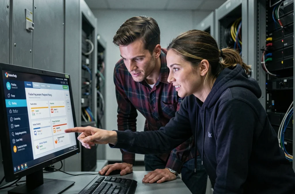 Deux collègues informaticiens analysant un tableau de bord de cybersécurité contre le phishing