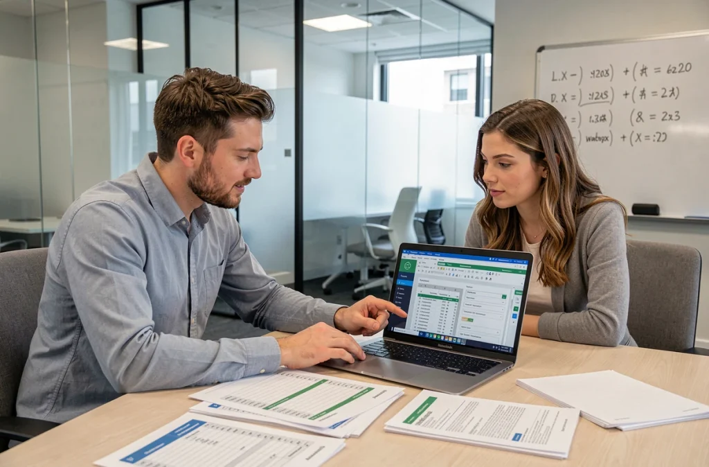 Deux collègues en salle de réunion discutant d'un rapport de tableau croisé dynamique Excel imprimé et affiché sur ordinateur portable