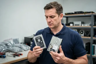 Technicien tenant un SSD et un HDD côte à côte pour comparer leurs différences physiques