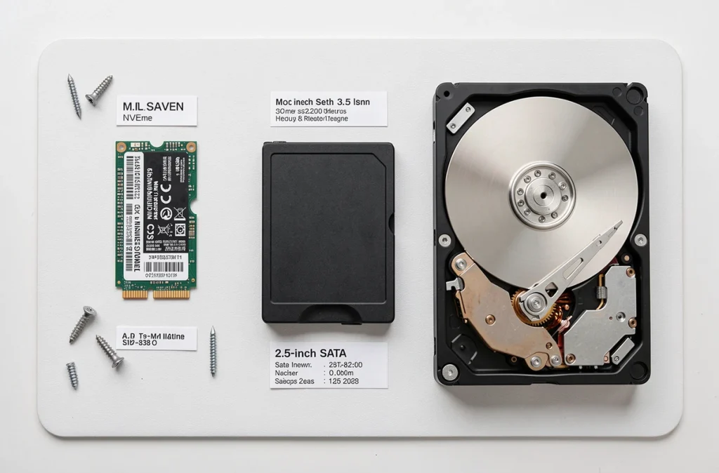 Vue à plat comparant un SSD NVMe, un SSD SATA et un HDD désassemblé sur un tapis antistatique blanc