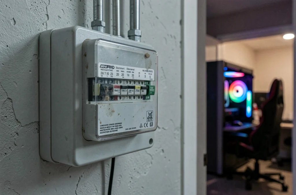 Compteur électrique résidentiel avec configuration PC gaming visible en arrière-plan, symbolisant la hausse de la facture d'électricité liée au gaming