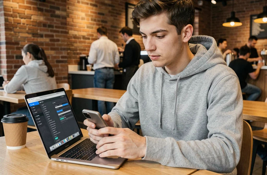 Jeune homme configurant un accès distant à sa Freebox depuis un café public en utilisant un VPN sur ordinateur portable et smartphone