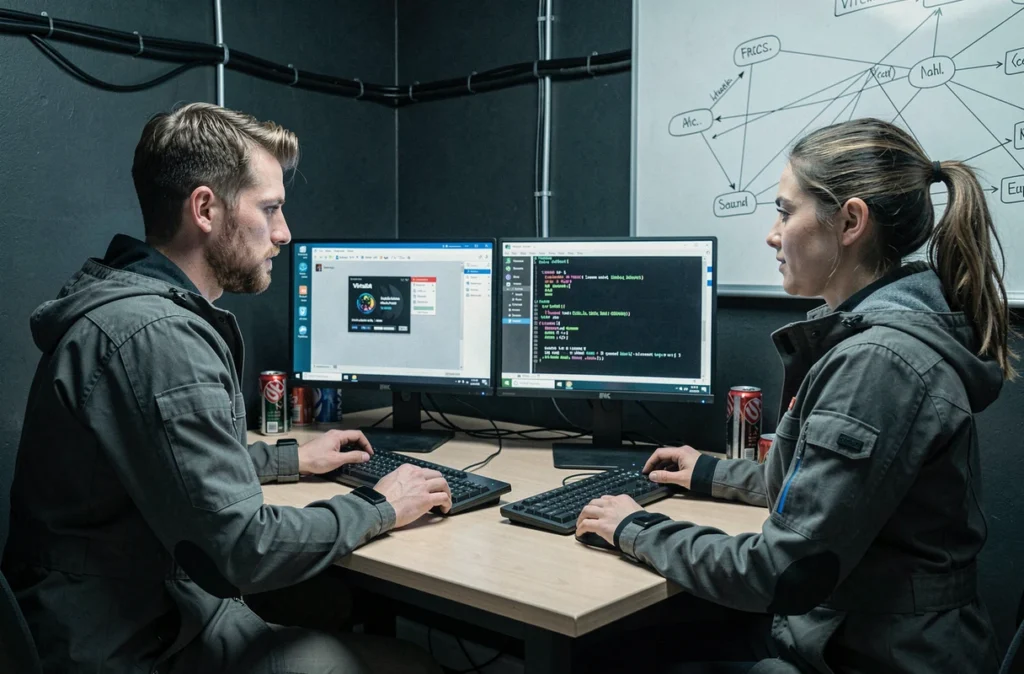 Deux professionnels en cybersécurité configurant une machine virtuelle Kali Linux dans un lab informatique
