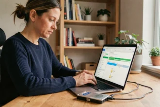 Femme configurant une sauvegarde automatisée sur un ordinateur portable dans un bureau à domicile avec un disque dur externe