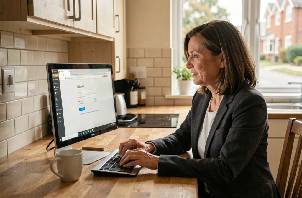 Femme accédant à la page de connexion de sa Freebox depuis un réseau différent sur un ordinateur de bureau à domicile