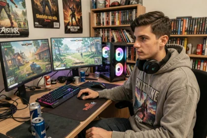 Joueur gamer à son bureau avec PC tour RGB et double écran, illustrant la consommation électrique d'une configuration gaming