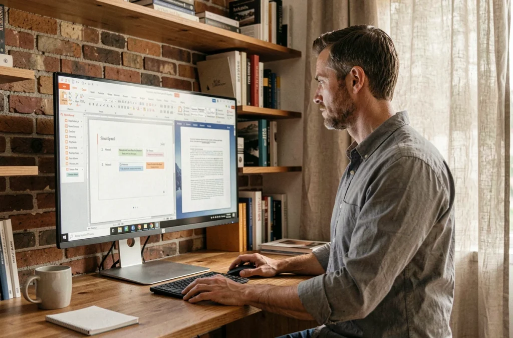 Homme travaillant depuis son bureau à domicile pour convertir des diapositives PowerPoint au format PDF sur grand écran