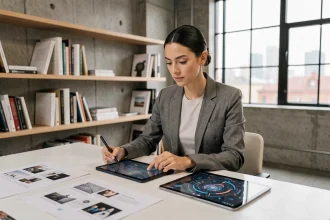 Créatrice de contenu visuelle utilisant une tablette avec des outils d'intelligence artificielle dans un studio de design moderne
