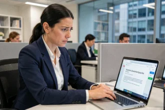 Femme cadre en entreprise regardant avec inquiétude un email suspect sur son ordinateur portable dans un bureau open-space