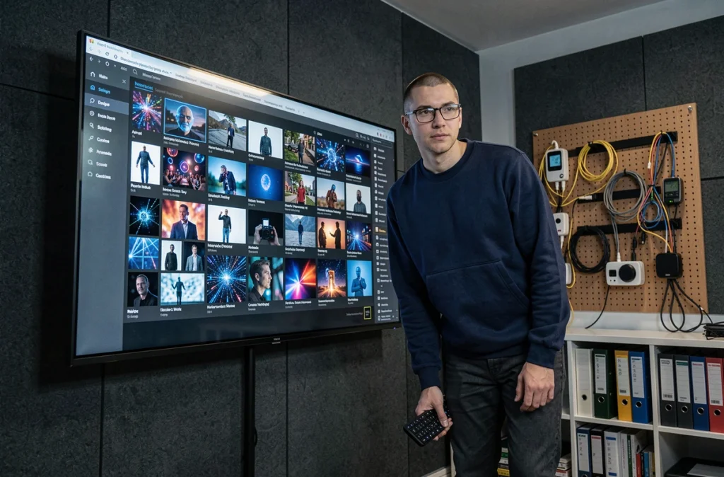Développeur créatif analysant des visuels générés par intelligence artificielle sur un grand écran dans une agence numérique