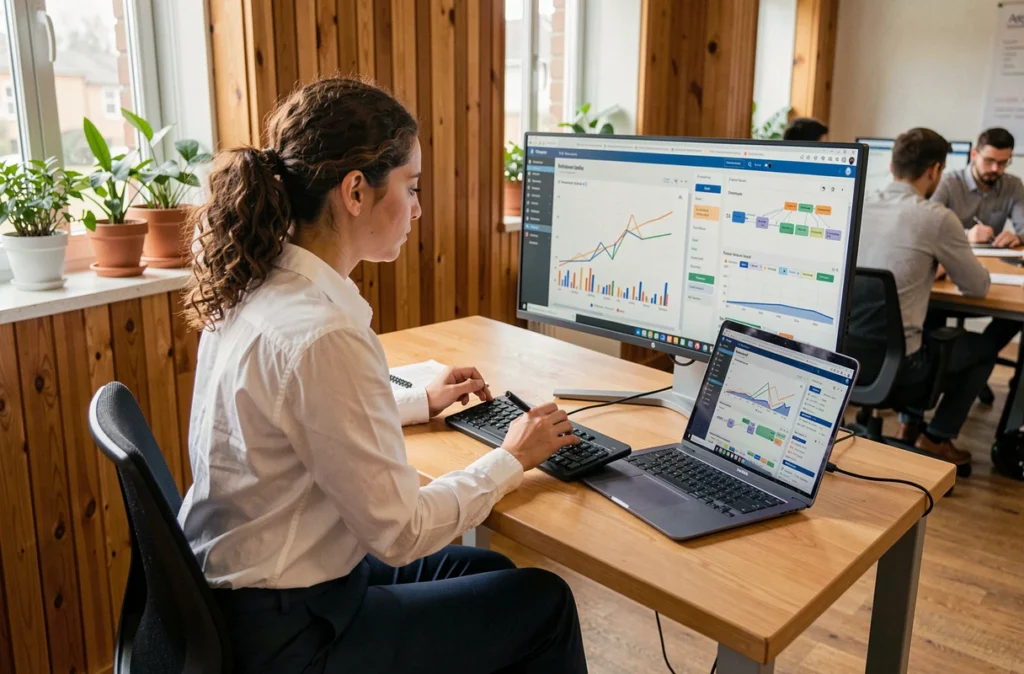 Développeuse travaillant sur un tableau de bord Kubernetes avec métriques de conteneurs dans un espace de coworking moderne