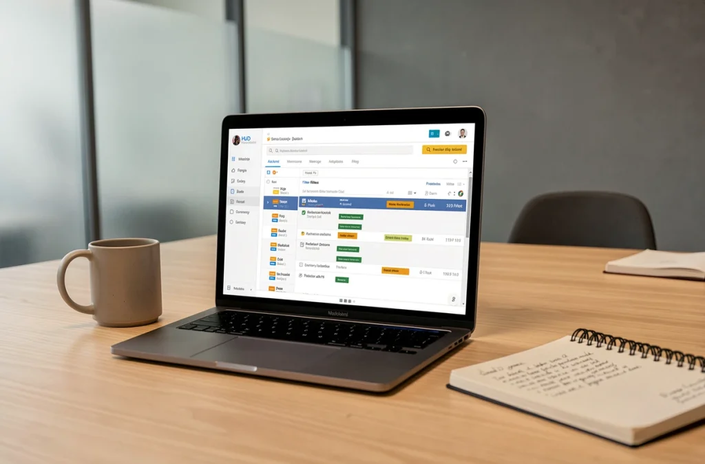Écran d'ordinateur portable affichant une boîte email organisée avec des filtres et des dossiers colorés sur une table de réunion