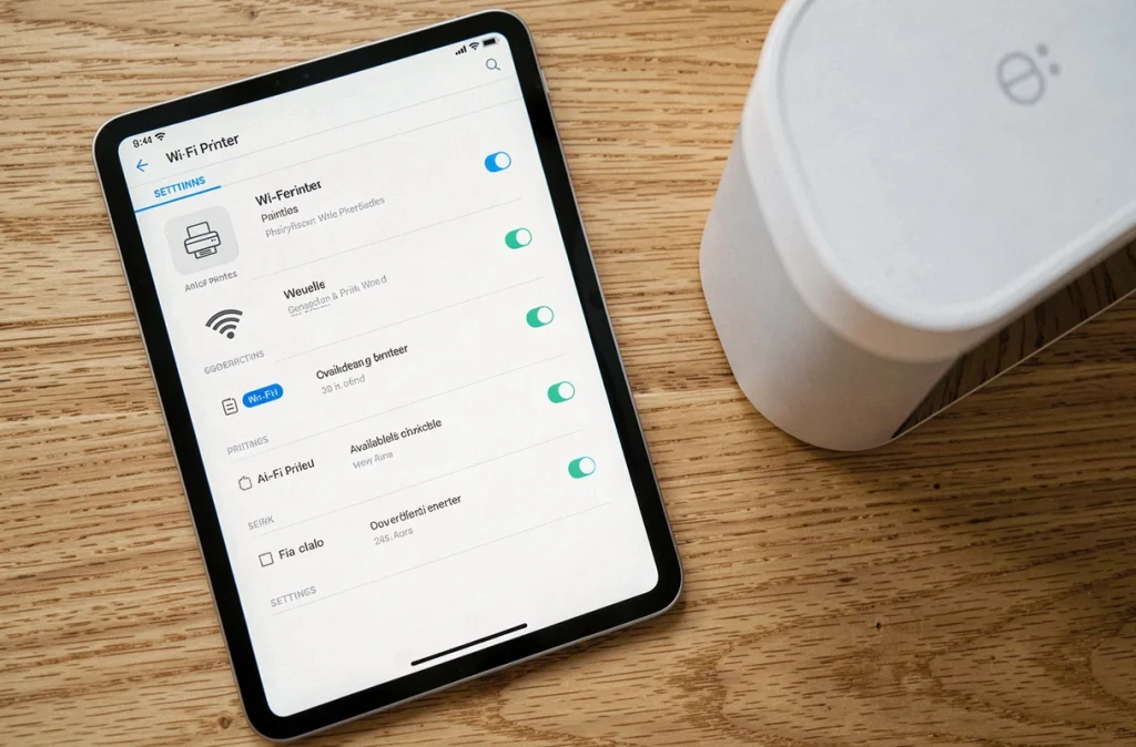Écran de tablette affichant le menu de sélection d'imprimante wifi sans configuration WPS ni câble USB