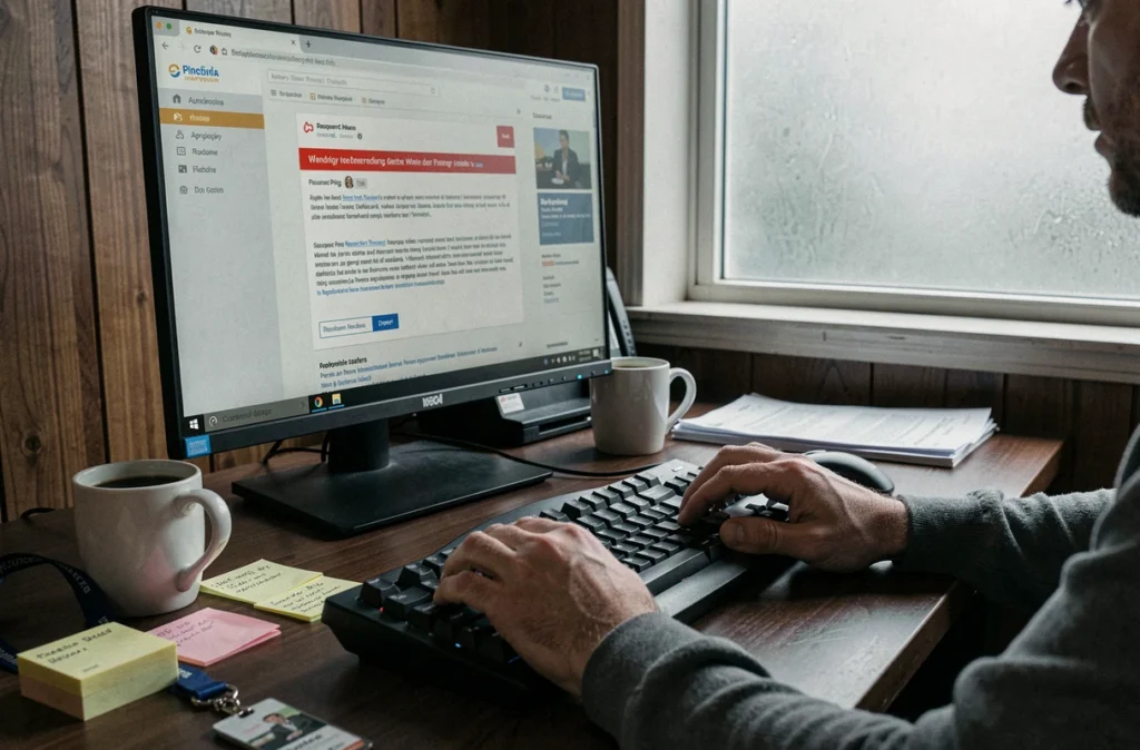 Écran d'ordinateur affichant un email d'hameçonnage frauduleux avec une alerte de sécurité dans un bureau professionnel