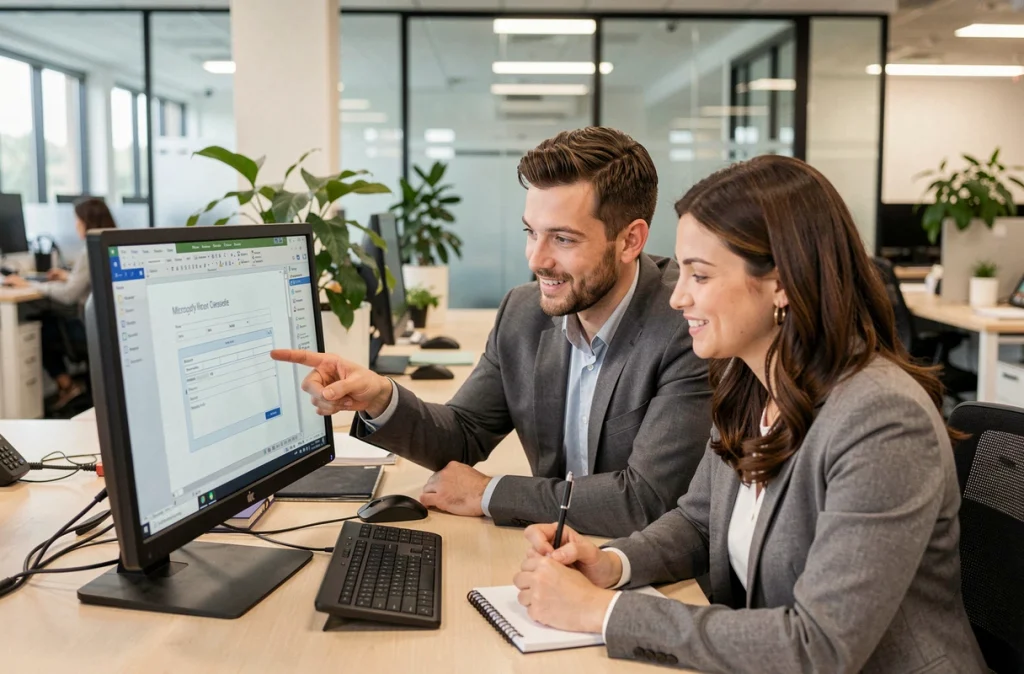 Deux collègues en entreprise collaborant sur la création d'un formulaire interactif Microsoft Word