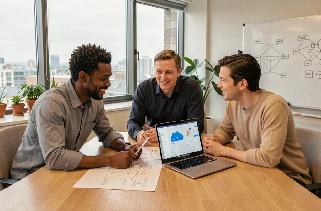 Équipe de professionnels en réunion analysant un schéma d'architecture cloud hybride en entreprise