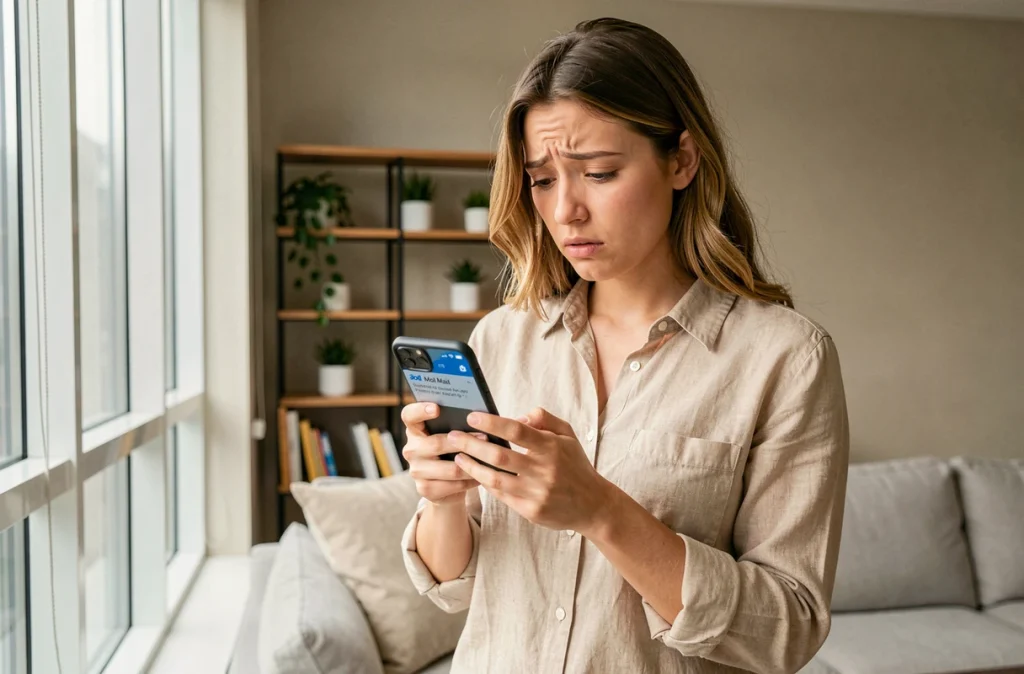Jeune femme confuse face à une erreur de l'application AOL Mail sur son téléphone