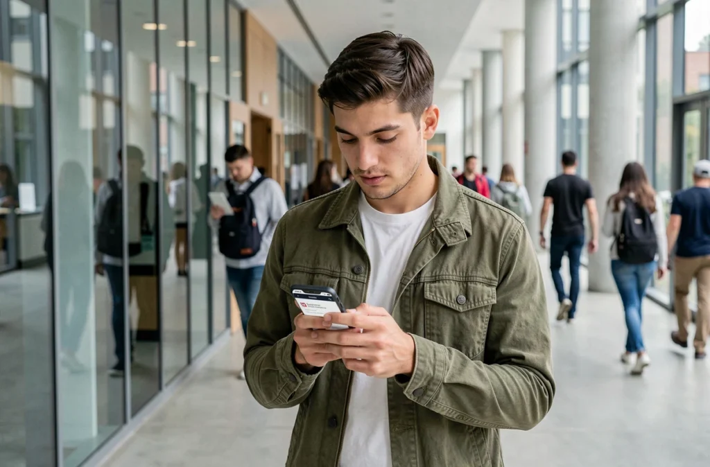 Étudiant consultant l'application mobile des services numériques de l'UHA dans un couloir du campus en 2026