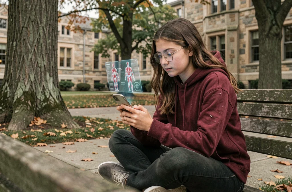Étudiante explorant une application de réalité augmentée éducative sur mobile dans un campus universitaire