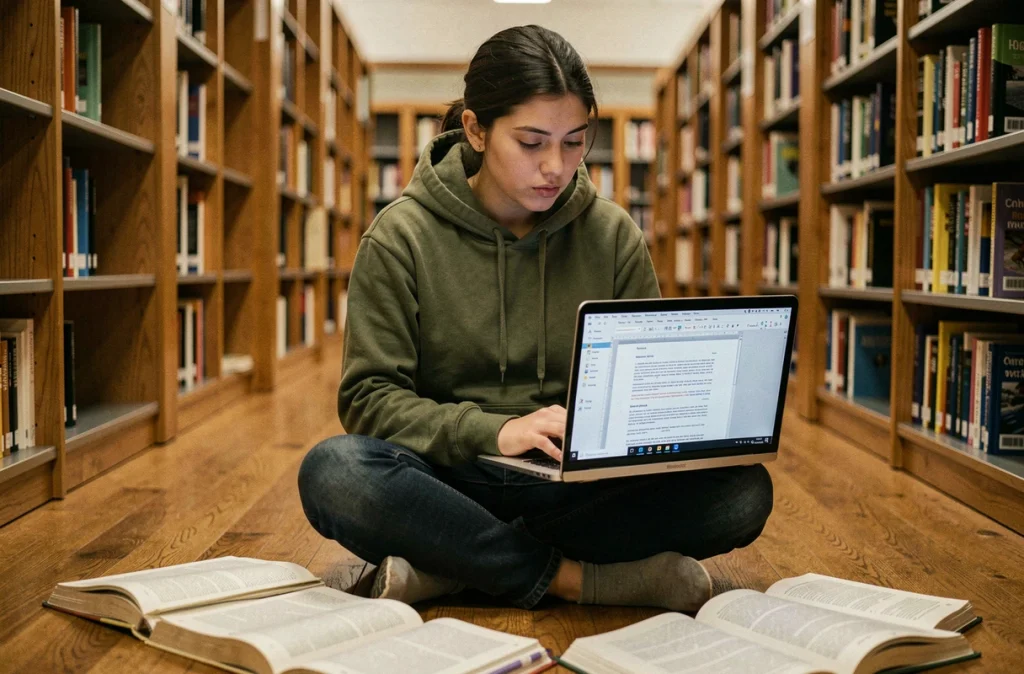 Étudiante en bibliothèque utilisant un compteur de mots sur ordinateur pour rédiger un rapport académique