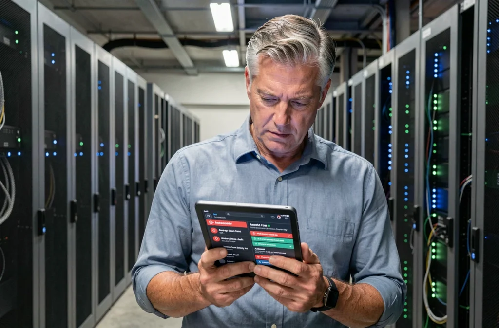 Professionnel de la cybersécurité analysant des alertes d'hameçonnage sur une tablette dans une salle de serveurs d'entreprise