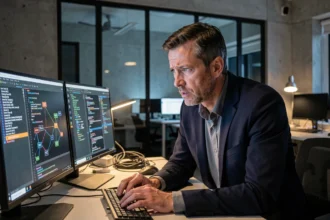 Expert en cybersécurité analysant des alertes de failles sur des écrans dans un bureau moderne la nuit