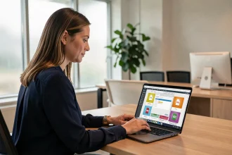 Femme professionnelle exportant une présentation PowerPoint en PDF sur son ordinateur portable dans un bureau moderne