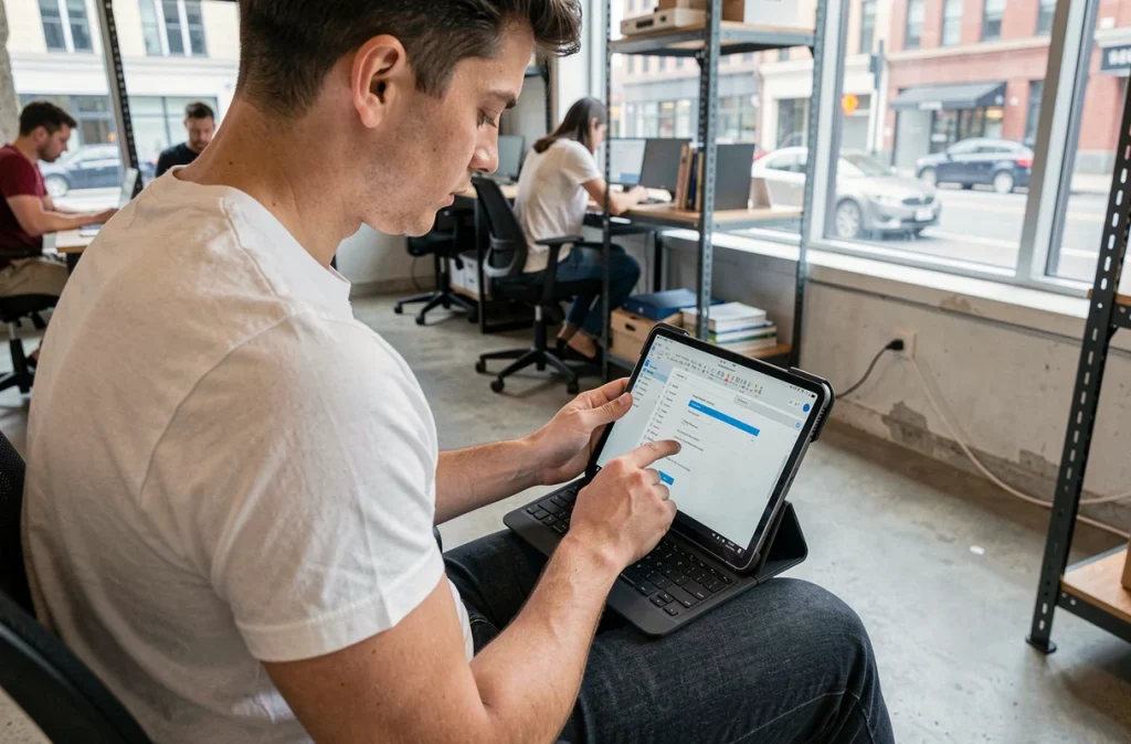 Jeune professionnel exportant une présentation PowerPoint en PDF sur tablette dans un espace de coworking urbain