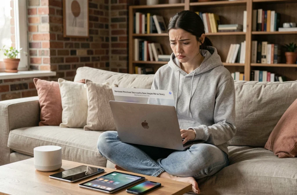 Jeune femme inquiète face à une alerte de sécurité sur son ordinateur entourée d'appareils connectés