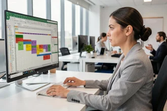 Femme analyste travaillant sur des tableaux croisés dynamiques Excel sur un grand écran ultrawide dans un bureau moderne