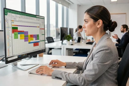 Femme analyste travaillant sur des tableaux croisés dynamiques Excel sur un grand écran ultrawide dans un bureau moderne