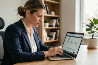 Femme au bureau examinant un email de phishing suspect sur son ordinateur portable