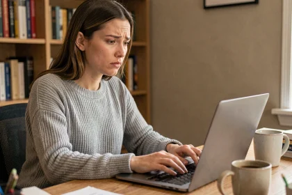Femme inquiète lisant les conditions de confidentialité d'un outil gratuit en ligne sur son ordinateur portable à domicile