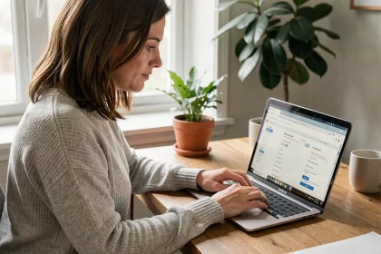 Femme en train de configurer les paramètres SafeSearch sur son ordinateur portable depuis un bureau à domicile