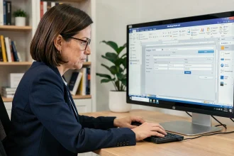 Femme professionnelle créant un formulaire interactif dans Microsoft Word sur un grand écran de bureau