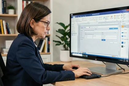 Femme professionnelle créant un formulaire interactif dans Microsoft Word sur un grand écran de bureau