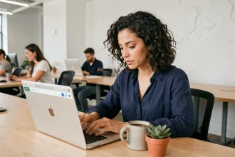 Femme utilisant Google Drive sur un ordinateur portable dans un bureau collaboratif moderne