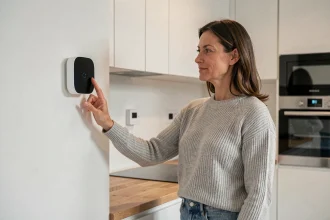 Femme utilisant un hub domotique dans une cuisine moderne connectée
